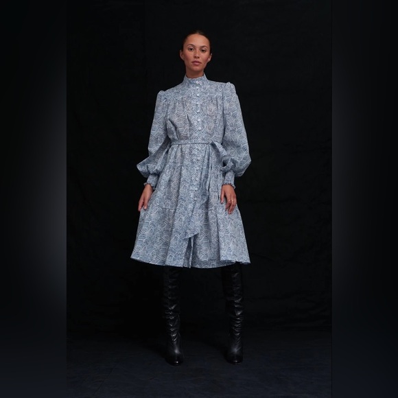 Secular Blue with White/Black Accents Graphic Design Dress. Size XS - Picture 3 of 4